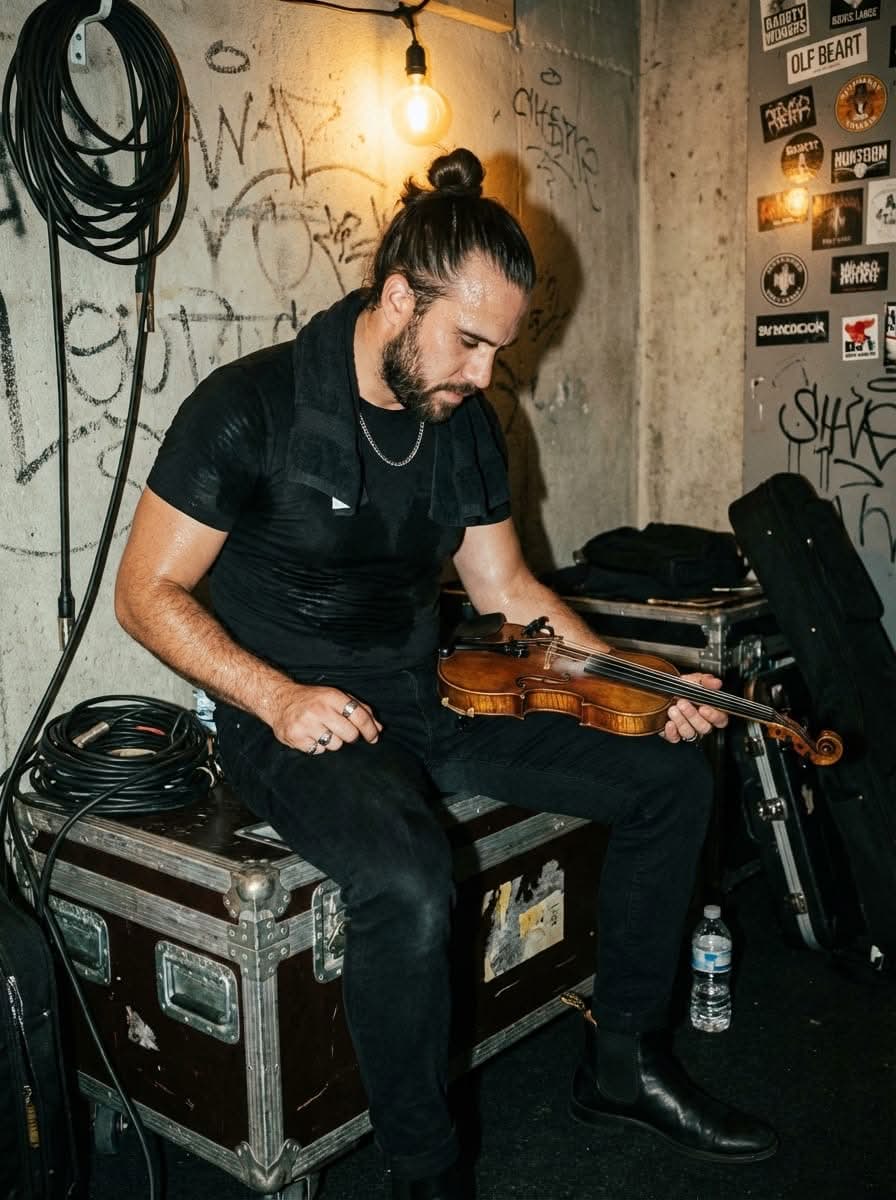Backstage with violin on flight case